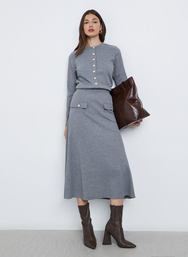 Styli Grey Ribbed Knit Buttoned Top - Image 2